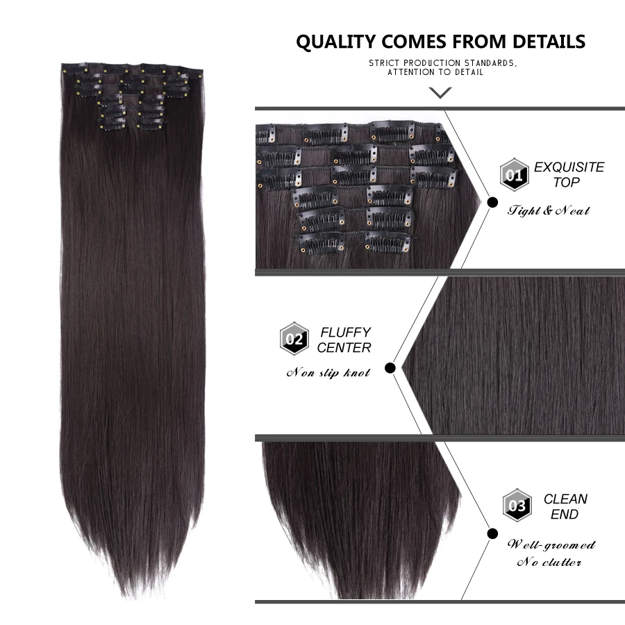 Leeons 16 colors 16 clips Long Straight Synthetic Hair Extensions Clips in High Temperature Fiber Black Blonde Hairpiece