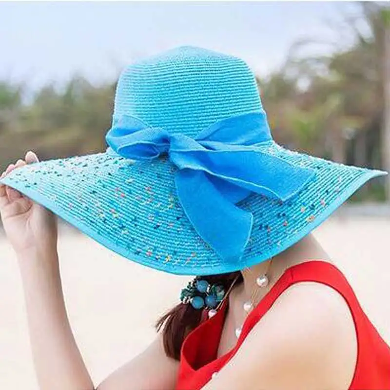 Dot широкие свисающие поля шляпа летние солнечные шляпы для женщин складные пляжные кепки бантом ленты Путешествия Открытый кепки s повседневная женская элегантная шляпа - Цвет: Blue