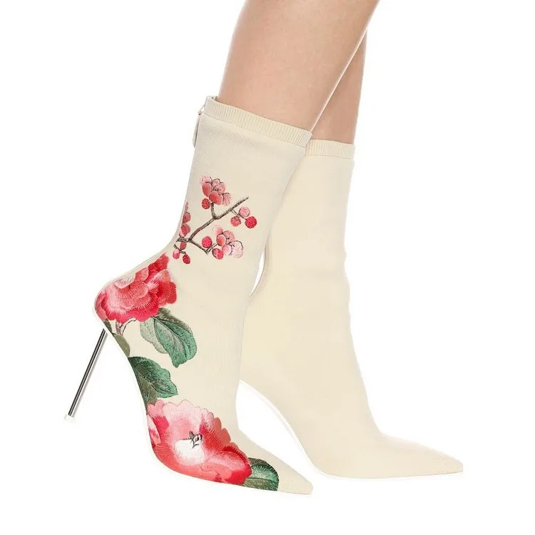 

Dipsloot Hot Sale 2019 Chinese Style Embroidery Metal Thin High Heels Dress Runway Shoes Woman Pointed Toe Knitting Ankle Boots