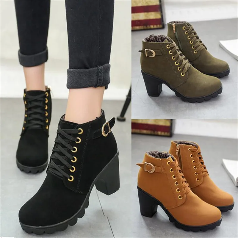 

Boots Women Shoes Women Fashion High Heel Lace Up Ankle Boots Ladies Buckle Platform Artificial Leather Shoes bota feminina 2019