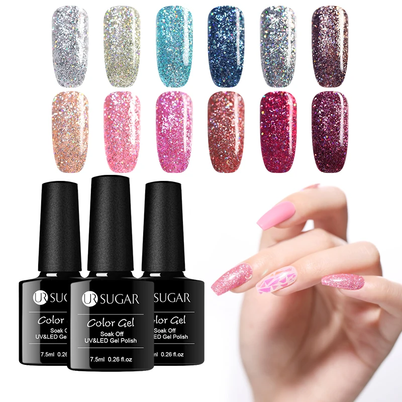 

UR SUGAR 7.5ml Holographic Gel Nail Polish Laser Silver Rose Gold Colors Glitter Soak Off UV LED Gel Varnish Nail Art Gel