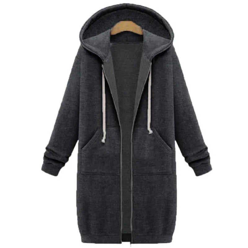  Oversized Autumn Women Casual Long Hoodies Sweatshirt Coat Pockets Zip Up Outerwear Hooded Jacket P