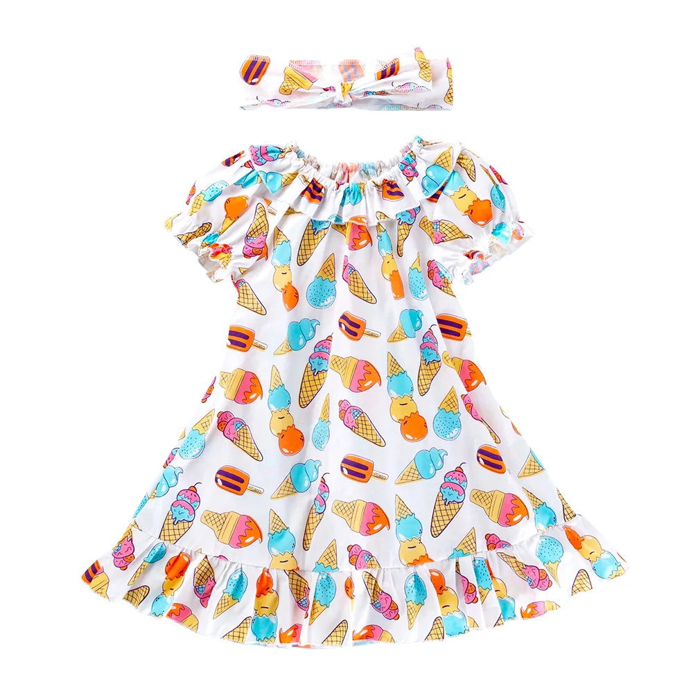 

Cartoon Cotton Turn-down Collar Baby Girl Dress Cute Headwear Short Sleeve Spring Vestidos 2Pcs Dresses High Quality Clothes