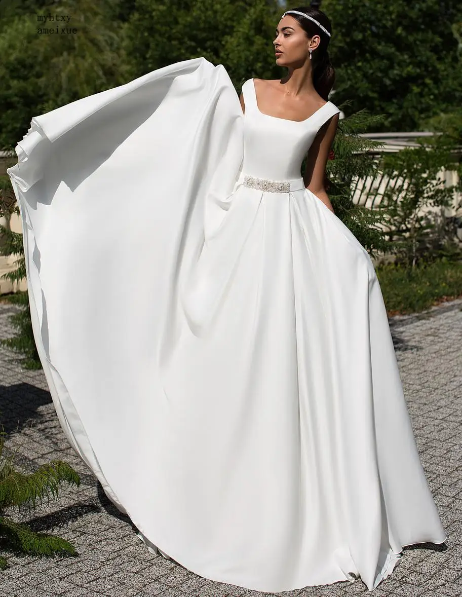 Дешевые Свадебные платья трапециевидной формы с квадратным вырезом простой белый халат цвета слоновой кости De Mriage Gelinlik бисером плюс размер свадебное платье