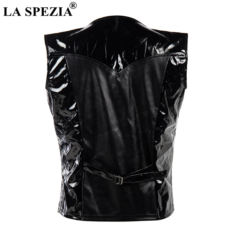 LA SPEZIA Black Vest Mens Biker Slim Fit Gilet Male Rock Stage Costume Show Patchwork Bright Pu Leather Solid Spring Waistcoat