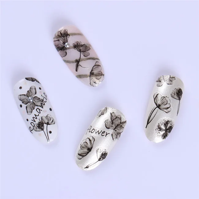 Романтический цветок 3D ногтей Стикеры черный живописи тушью для крепления на гвоздях и искусство передачи Стикеры наклейки Tatto 1 лист