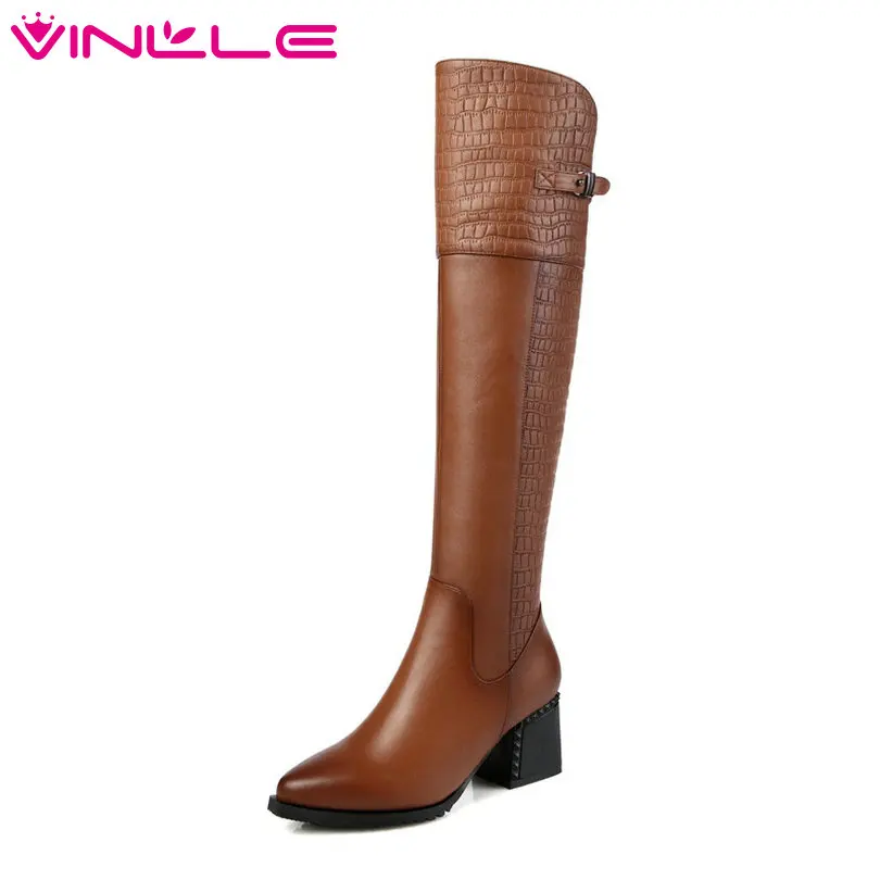 

VINLLE 2019 Shoes Woman Boots Elegant Knee High Boots High Heel Genuine Leather Pointed Toe Ladies Motorcycle Shoes Size 34-42