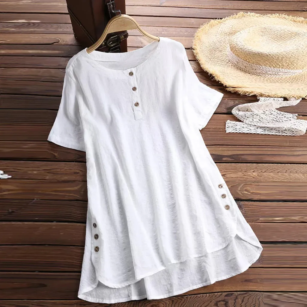 

YOUYEDIAN Fashion Summer Blouse Women Short Sleeve Kaftan Baggy Button Cotton Linen Casual Tunic Blouse Woman Clothes