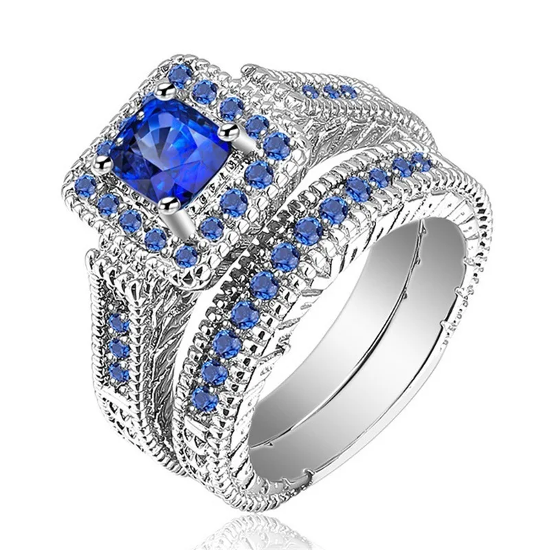 

Luxury Big Blue Stone Crystal Rings For Women Sliver Color Wedding Engagement Rings Jewelry Drop Shipping 2Pcs/Set