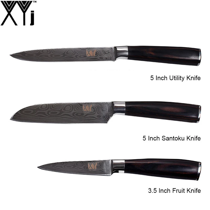 XYj 7cr17 набор кухонных ножей из нержавеющей стали дамасский нож с узором устройство резки овощей инструменты для приготовления пищи - Цвет: E.(3 Pcs Set)