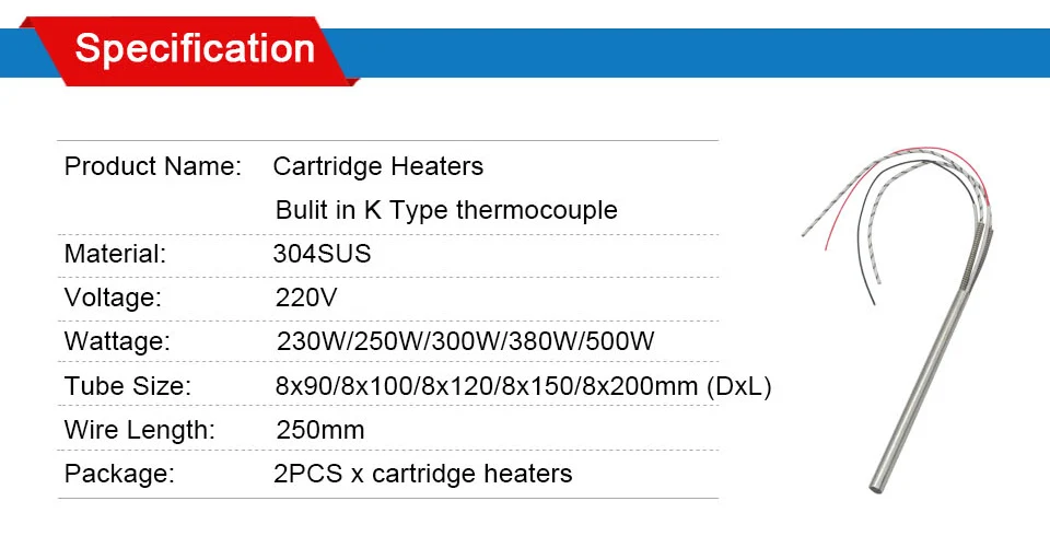 LJXH Электрический картридж нагревательные нагреватели элемент с термопарой типа K 304 нержавеющая сталь 8 мм диаметр трубки 250 Вт/300 Вт/500 Вт
