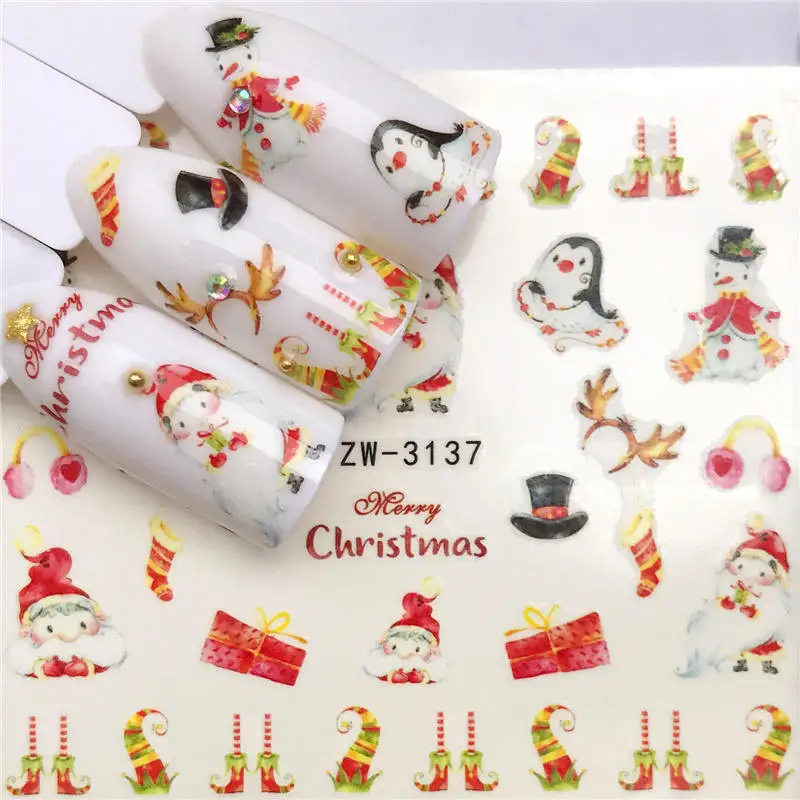 FWC 1 Sheet Christmas Snowflake Nail Sticker Santa Claus Deer Pattern Transfer Sticker Manicure Nail Art Decals - Цвет: YZW-3137