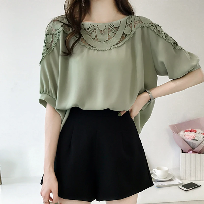 2018 الأزياء قصيرة الأكمام المرأة بلوزة قمصان الشيفون الصيف مثير الجوف خارج المرأة الملابس زائد حجم النساء قمم 0621 40
