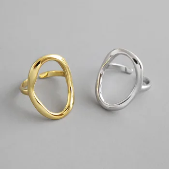 

INS minimalist Authentic S925 Sterling Silver FINE Jewelry White/Gold Irregular Open Oval Geometric Rings adjust TLJ607