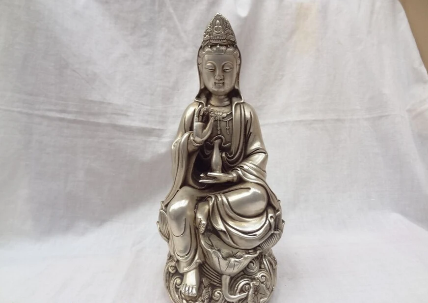 

USPS to USA S1360 10"Chinese Buddhism Silver Lotus Pot Joss Kwan-Yin GuanYin Buddha Goddess Statue (B0328)