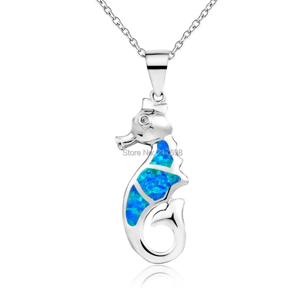 

DORMITH 925 sterling silver necklace synthesis blue opal and cubic zirconia Hippocampus pendants necklace rhodium plated jewelry