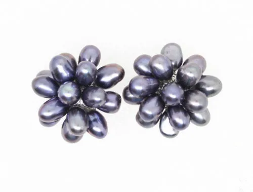 

Pretty Real Natural Black 6-7mm Freshwater Pearl 18-20mm Flower Stud Earrings