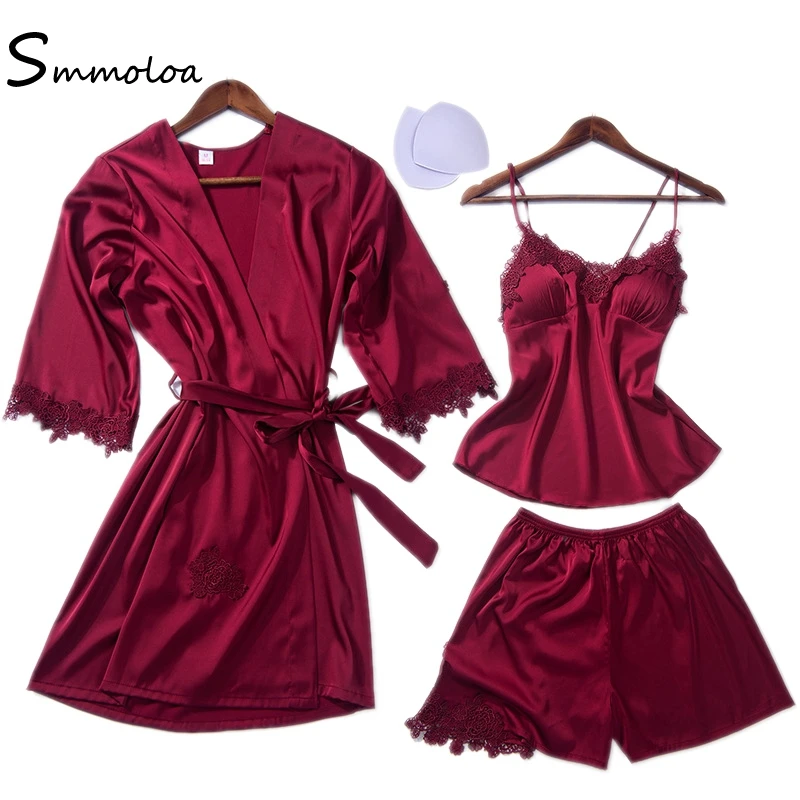 

Smmoloa Female Silk Pjamas 3 Piece Sets Lace Robe Sets Satin Nightwear