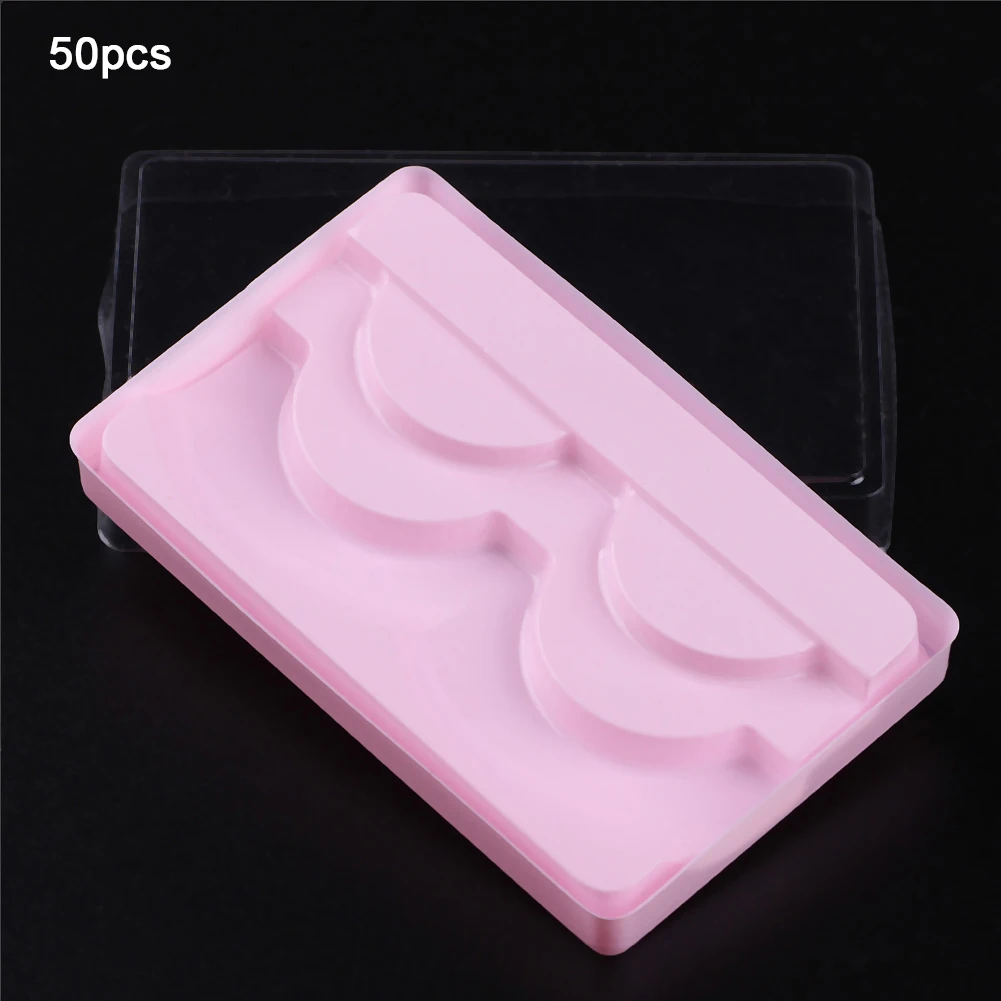 

50pcs False Eyelash Tray Two Rows Eyelashes Packing Box Individual Transparent Cover Pink Stand Acrylic Pad Lash Tool Tray