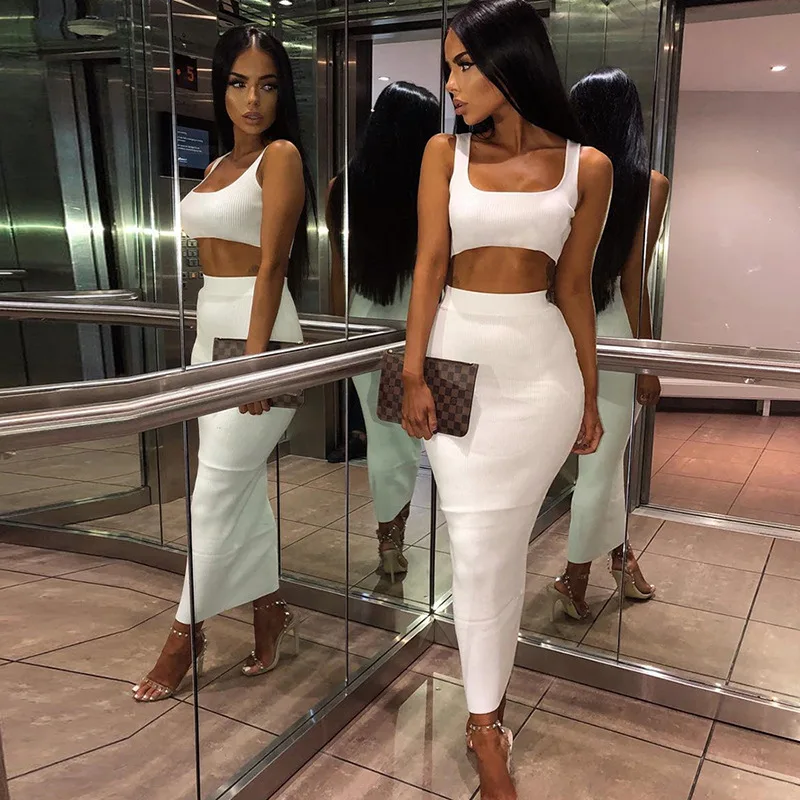 Hugcitar  spaghetti straps crop tops skirt 2 pieces sets 2019 summer women neon green solid party streetwear female slim elegant