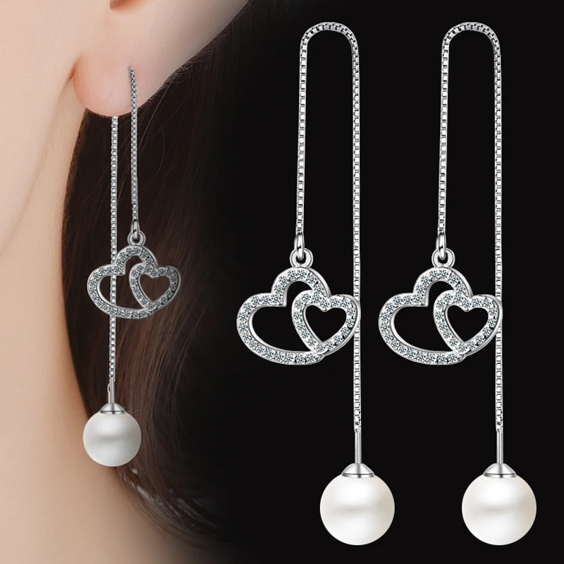 Earring for women dangle double hearts shape studs earring white pearl ear jewelry zircon ear