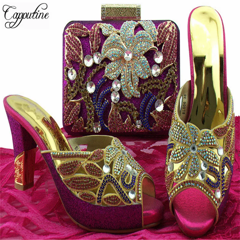 

Capputine Purple Color New Arrival Ladies Italian Shoes and Bag Set African Decorated With Rhinestone Shoes with Bag Set YL006