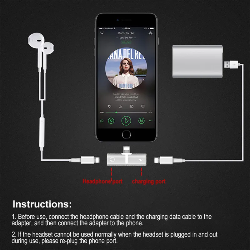Mobile phone 2 In 1 Dual Ports Headphone Adapter Charger Audio Splitter 1 To 2 Audio/Charging for Iphone X XR XS Max 7 8 Plus