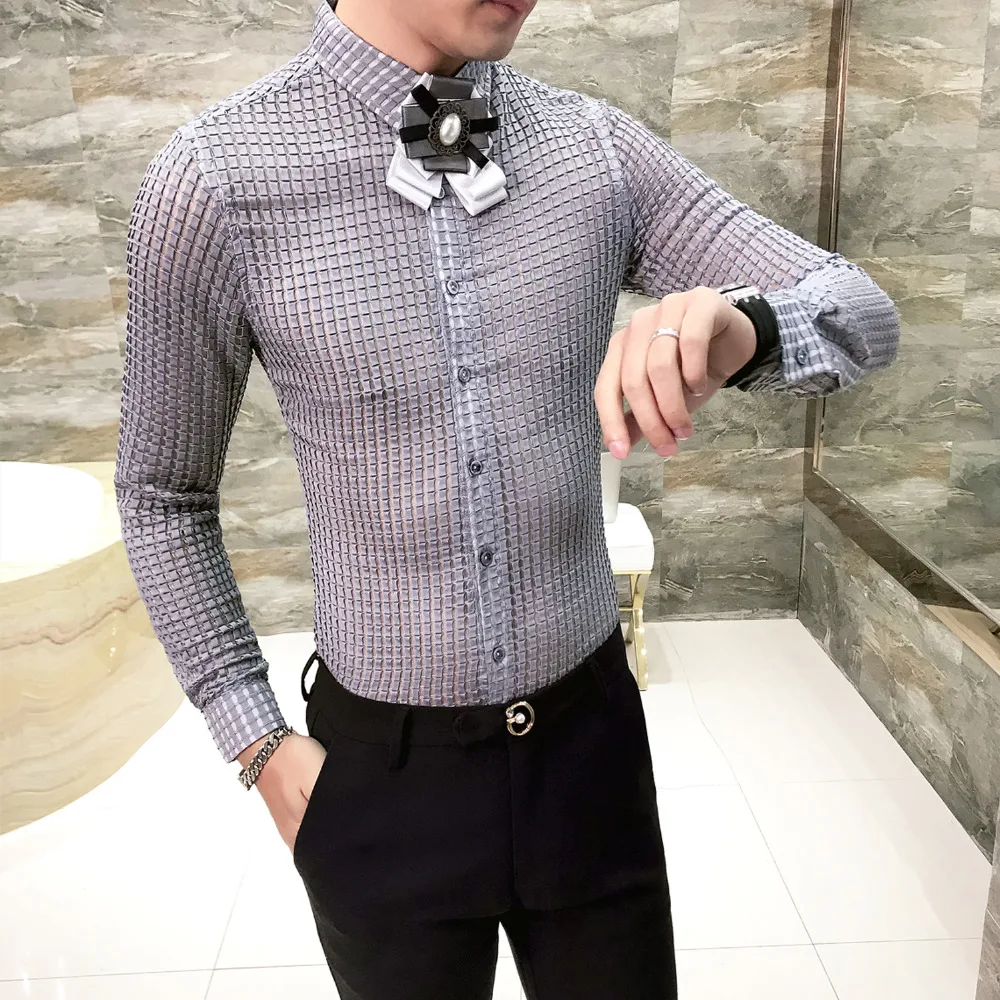 Горячая Распродажа Мужская рубашка Мода 2019 сексуальный полый смокинг Slim Fit