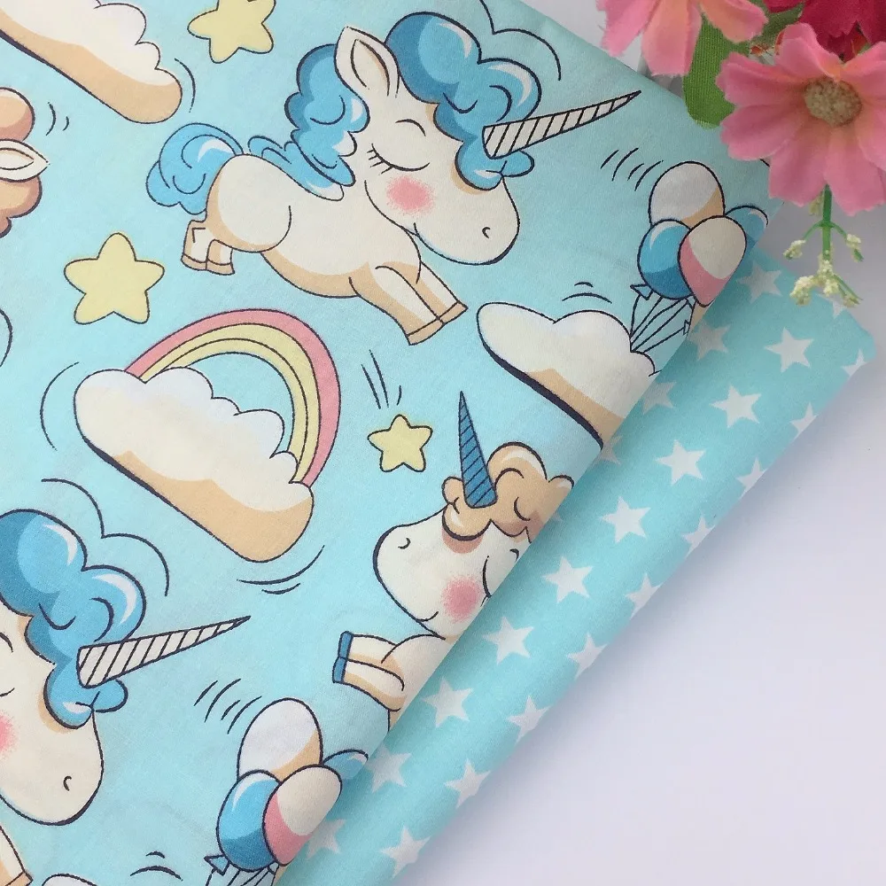 

100%Cotton Fabric For Dress Tissus au Metre Diy Sewing Tecido Telas de algodon para patchwork Blue Unicorn Rainbow Cloud Balloon