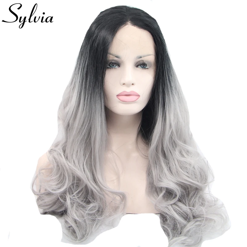 Sylvia black/grey ombre body wave synthetic lace front wig long grey