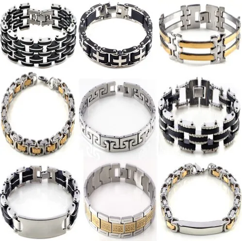 

Men's Black Cross Silver Stainless Steel Rubber Bracelet Cuff Bangle Chain Wristband Jewelry 8.5"