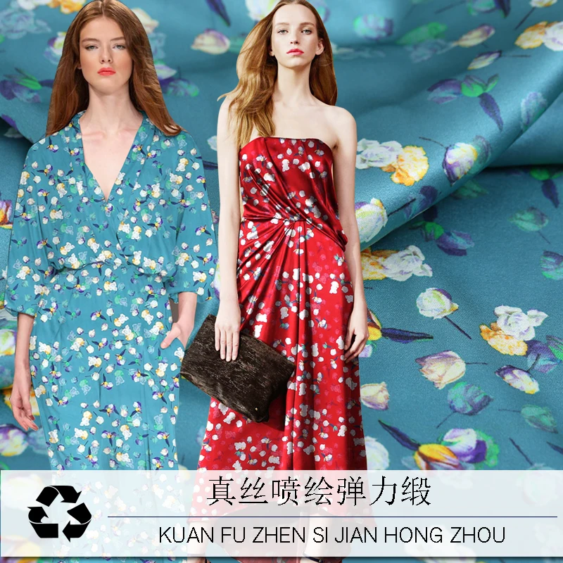 

small white rose print red/blue Stretch Silk Fabric By The meter Width 46 inch