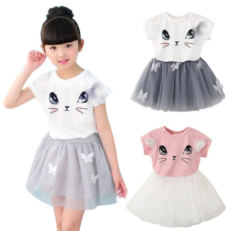 2019 летняя одежда для маленьких девочек, комплект из двух предметов, юбка-пачка с милым принтом кота и бантом, хлопковая футболка, комплект