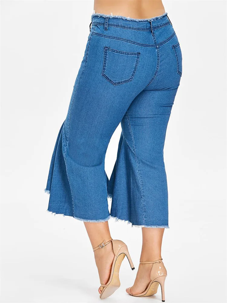 Wipalo, женские джинсы с оборками, плюс размер, 5XL, шорты, одноцветные, средняя талия, до середины икры, широкие, шорты,, женские, летние, повседневные, джинсовые шорты