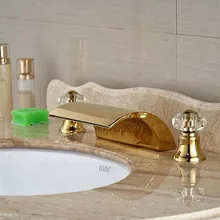Gold Finish Deck Mounted Golden Brass Waterfall Bathroom Faucet Crystal Handles Tap Hot And Cold Mixer
