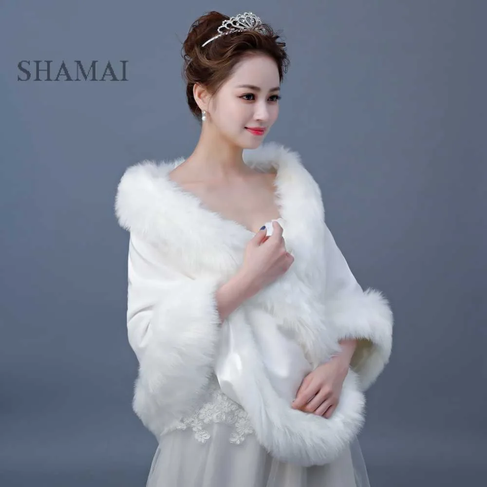 SHAMAI искусственный мех зимний теплый плащ для свадьбы слоновая кость мех болеро для невесты накидка вечерний жакет высокое качество свадебные подружки невесты обертывание