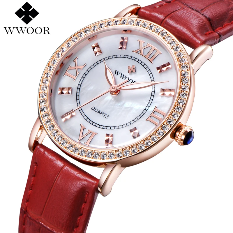 Brand Luxury Women Watches Red Leather Rhinestones Dress Casual Rose Gold Women Quartz Wrist Watch Ladies Clock Relogio Feminino