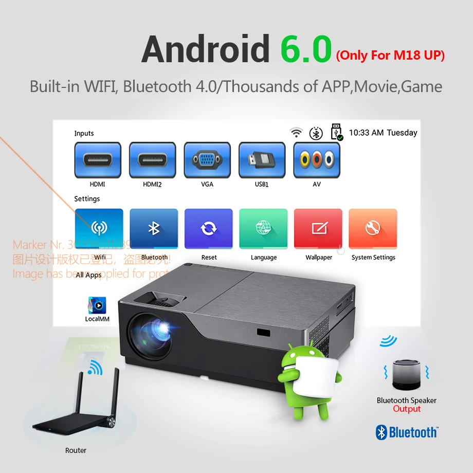 AUN Full HD Projector M18UP, 1920x1080 Resolution. Android WIFI LED Projector, For 4K Video beamer. (Optional M18 Support AC3) AUN Full HD Projector M18UP, 1920x1080 Resolution. Android WIFI LED Projector, For 4K Video beamer. (Optional M18 Support AC3)