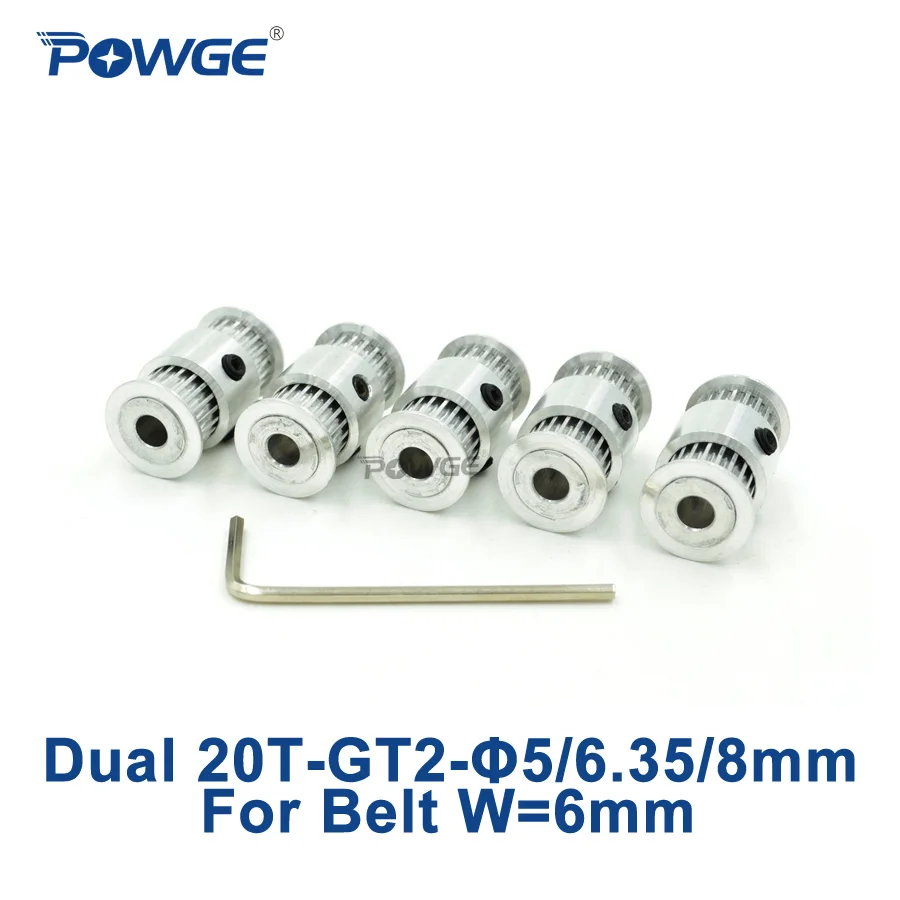 

POWGE Ultimaker2 DIY dual 20 Teeth GT2 Timing Pulley Bore 5mm 6.35mm 8mm for width 6mm 2GT belt Dual side Gear 20teeth 20T 5pcs