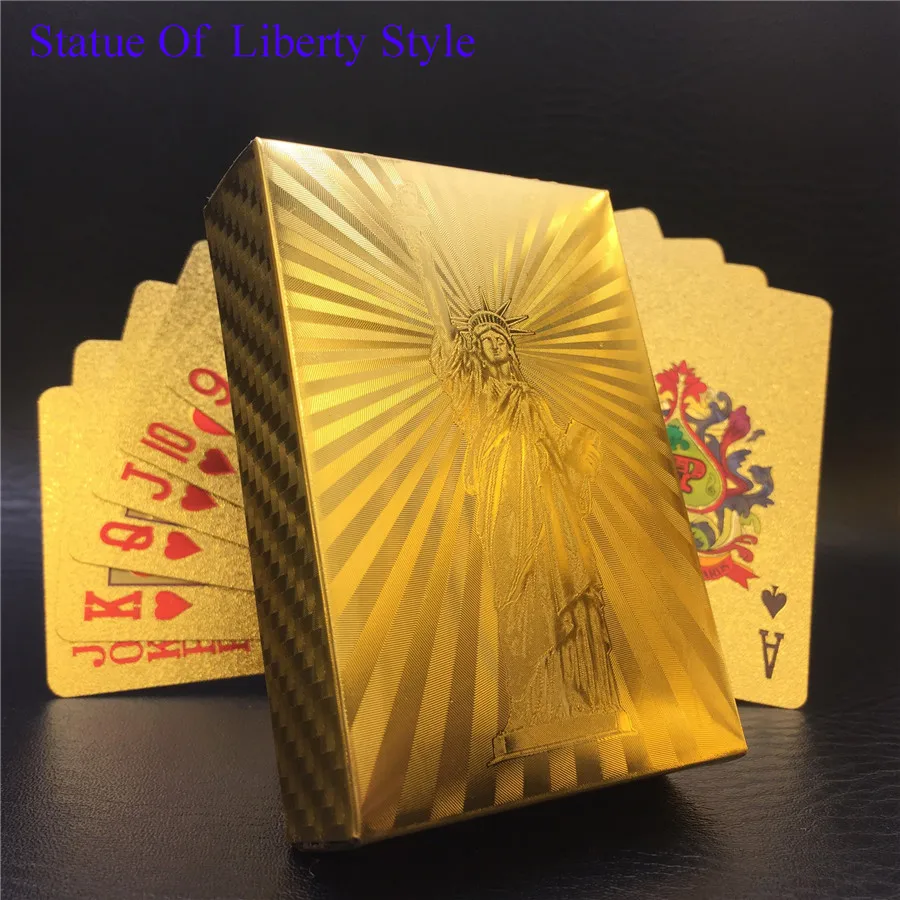 Washable 24K Golden Statue Of Liberty Playing Cards 54pcs PVC Waterproof Poker Game Deck Plastic Gold Plated Foil Poker Card Set (3)