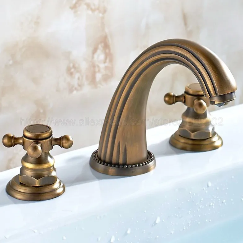 3 pcs Antique Brass Deck Mounted Bathroom Mixer Tap Bath Basin Sink Vanity Faucet Water Tap Bath Faucets znf199