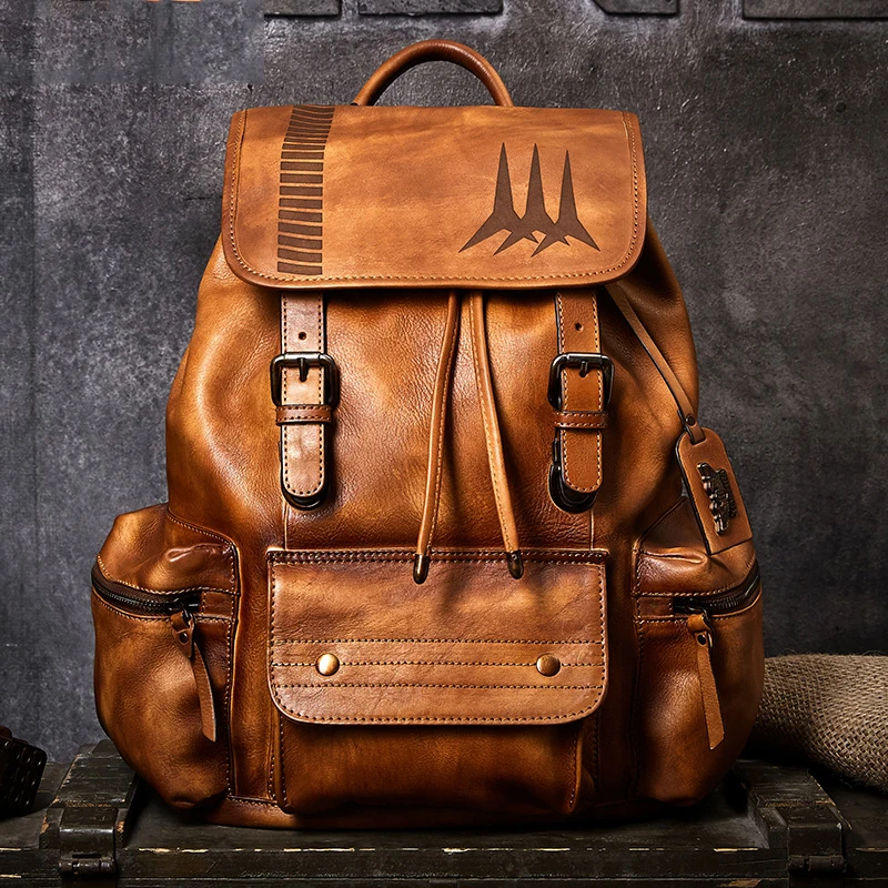 

Men's travel bag mountaineering backpack handmade drawstring Daypack Cow Leather large capacity Classic business Backpack