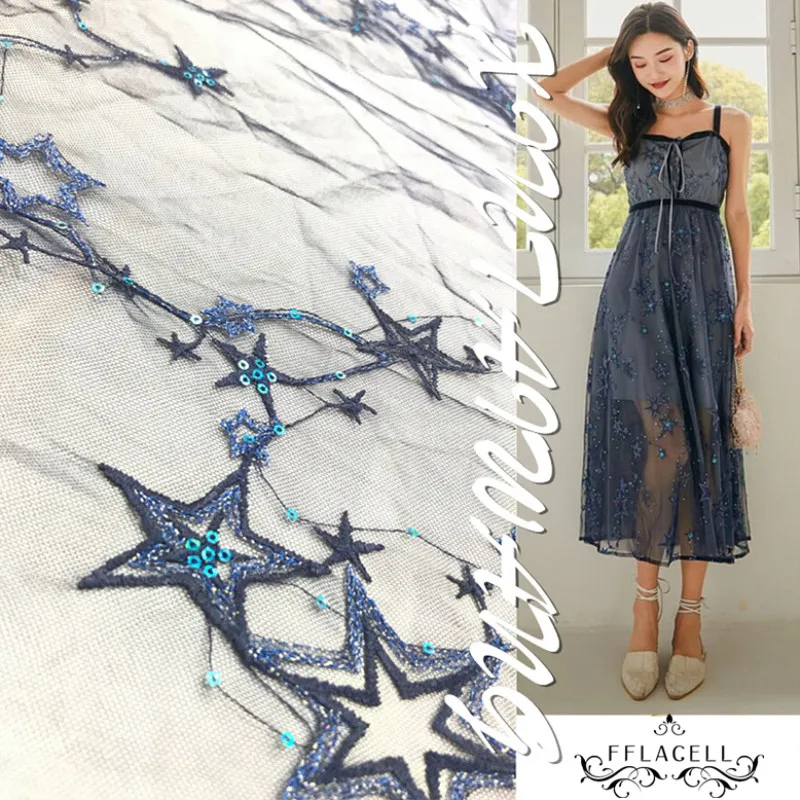 

FFLACELL 1Yard Exquisite Sequined Tulle Lace Fabric Star Embroidery Metallic Bridal Gown Lace Fabric Wide 130cm