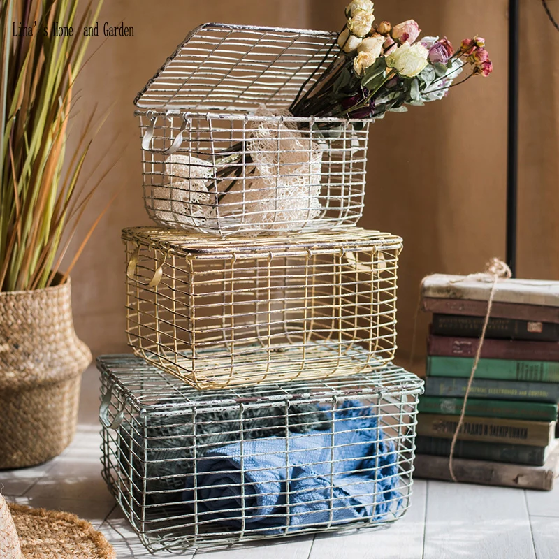 

beautiful sturdy set 3 lidded vintage rustic handmade wire basket with handles