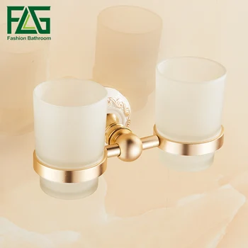 

FLG Bathroom Cup Holder Double Glass Cup Holder Tooth Brush Tumbler Holder Wall Mounted Gold Finish Bathroom Accessories