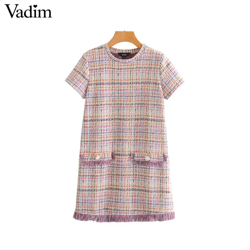 

Vadim women elegant tweed plaid mini dress tassels short sleeve O neck female casual fashion chic dresses vestidos QA326
