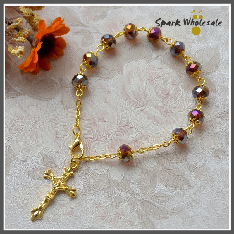 5pcs/lot Catholic Women's Gold Rosary Bracelet Capped Amber Glass Bead
