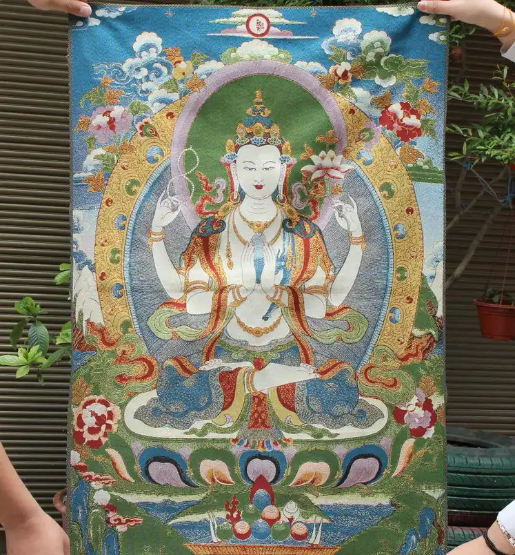 24/" Tibet Buddhism Cloth Silk embroidery Four arms Tara Guanyin Thangka mural