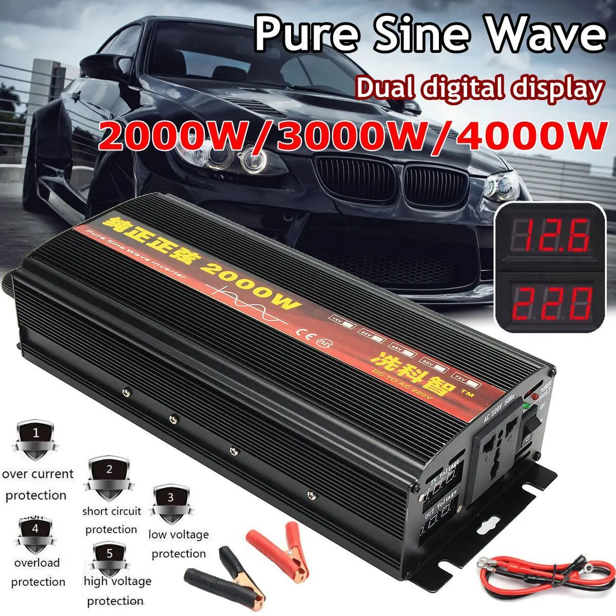 

Car Inverter 12V/24V 220V 2000W/3000W/4000W Voltage transformer Pure Sine Wave Power Inverter DC12V to AC 220V Converter