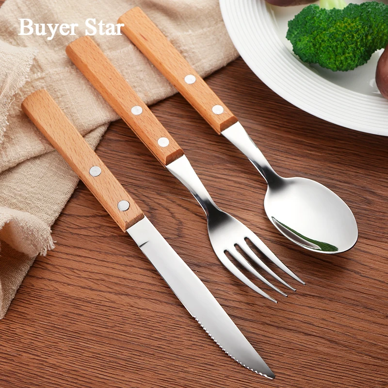 

18pcs/lot Wood Handle Dinnerware Stainless Steel Party DinnerSpoon Knife Fruit Fork Cutlery Round Handle Tableware